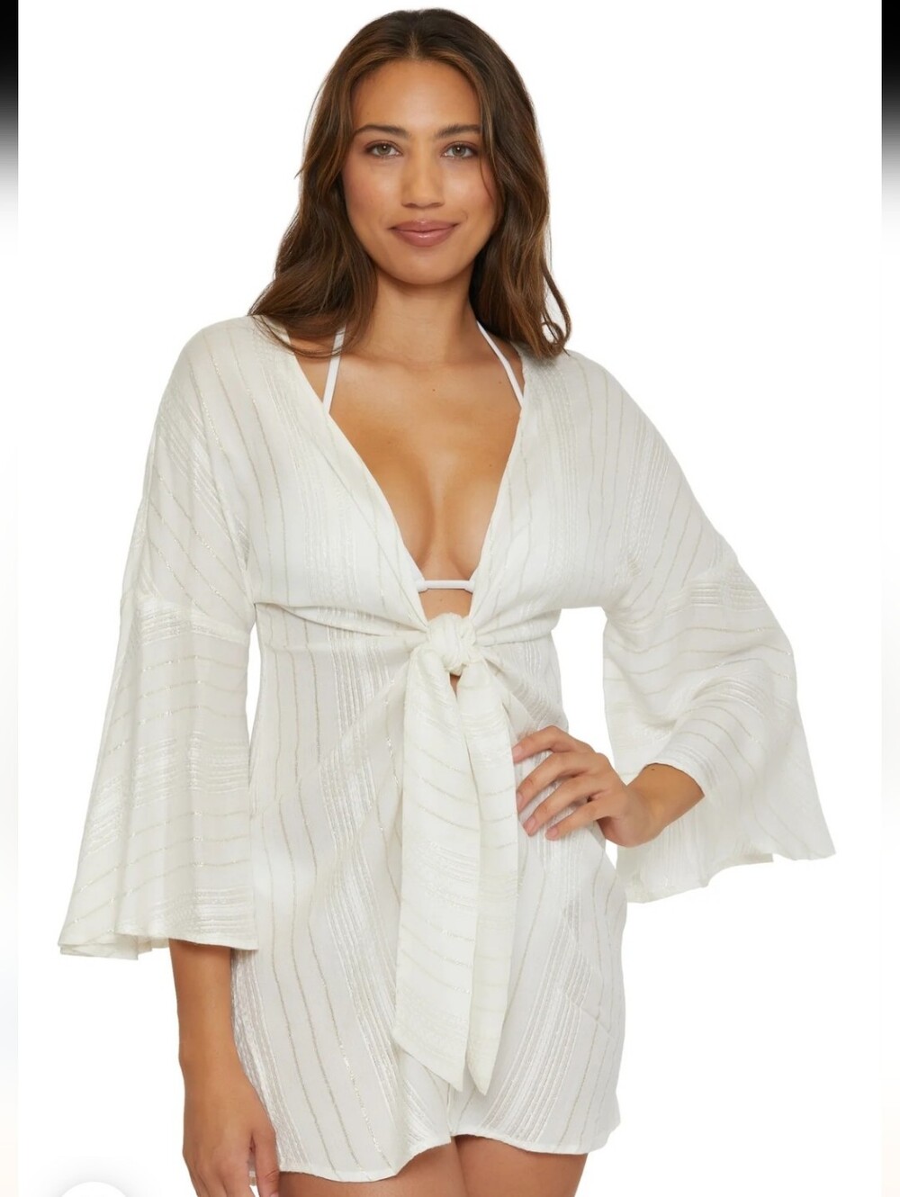 NWT Becca Tie-Front Beach Cover-Up White/Metallic Gold Women's Size 1X (16-18)
